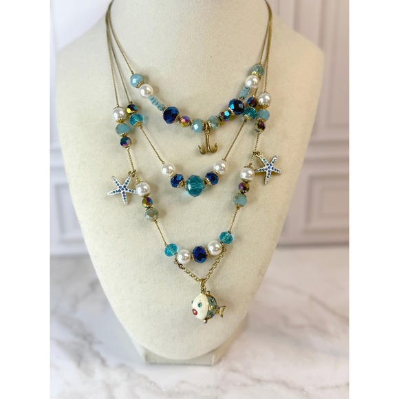 Retired Betsy Johnson Ocean Themed Puffer Fish Layered Necklace Gold Tone - Picture 3 of 6